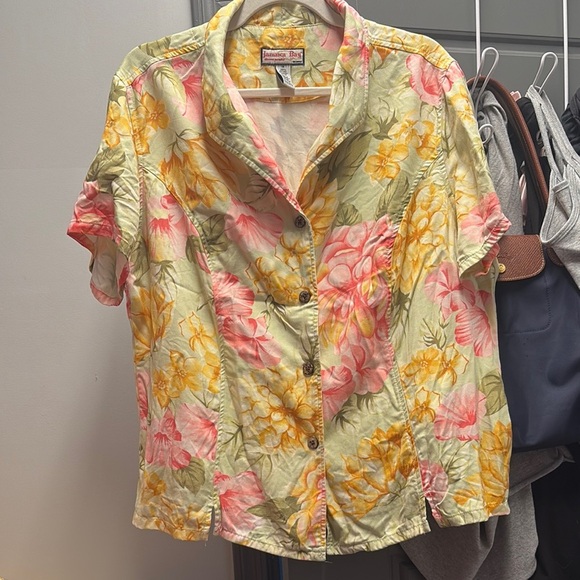 Yellow Pink and green floral design relaxed fit Button Down Shirt with Collar - Picture 1 of 7